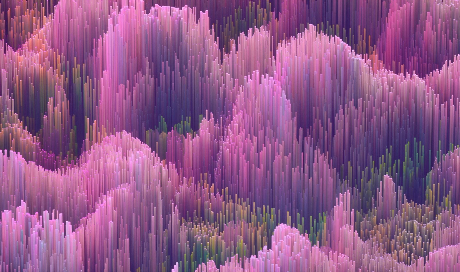 A dense field of tall pink and violet spires rising in waves